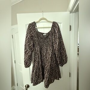 Brown Floral Smocked Babydoll Dress